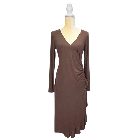 Cosabella Faux Wrap Dress Size Medium Brown V-Neck Midi Length Ruffled Hem EUC - Picture 9 of 9